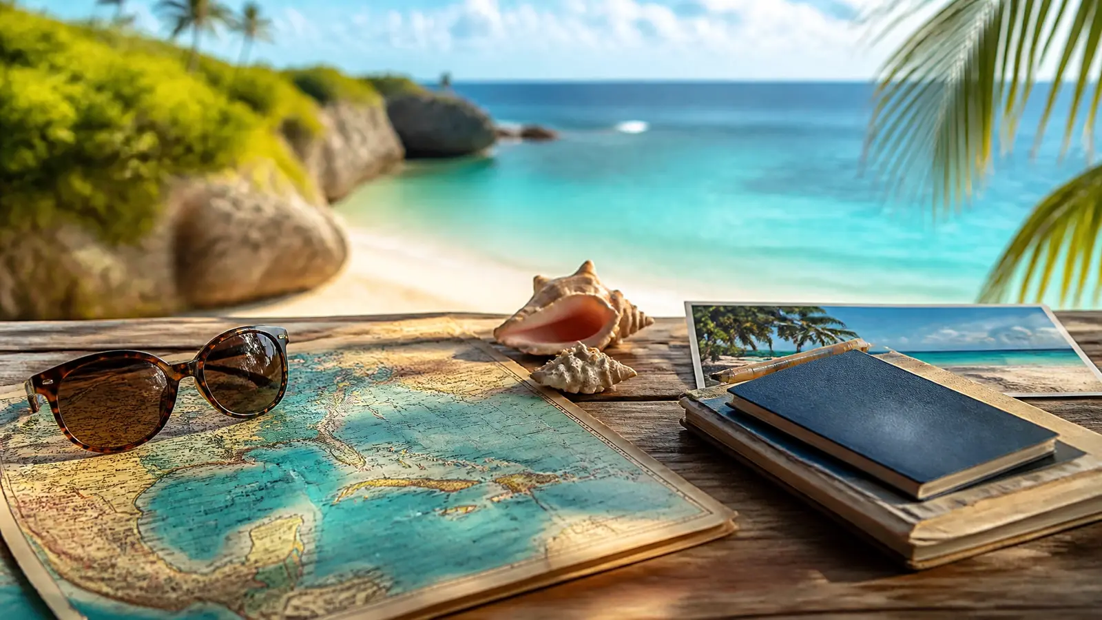 Colorful Caribbean travel journal scene with a map, seashells, sunglasses, and a tropical shoreline