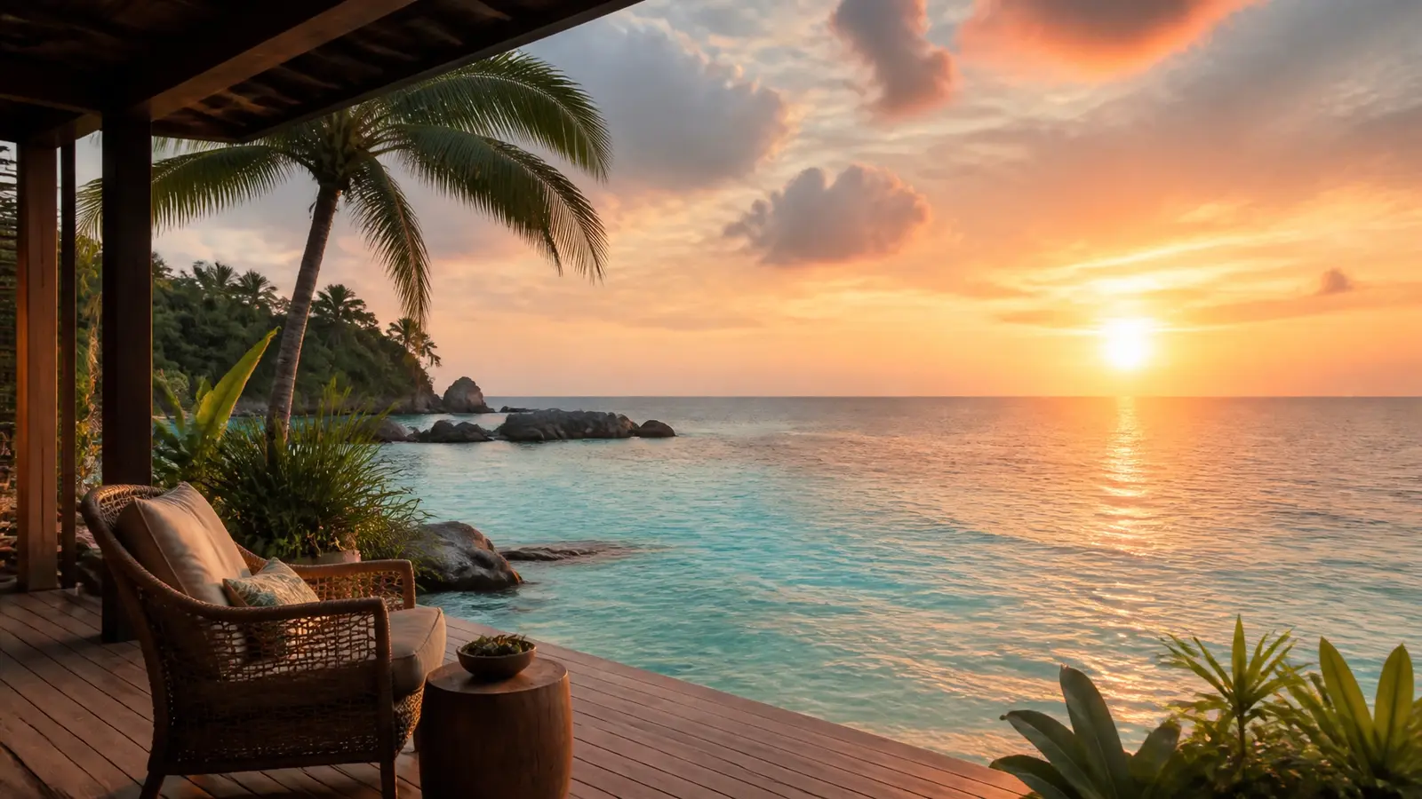 Warm tropical sunset over turquoise water beside an inviting open-air terrace